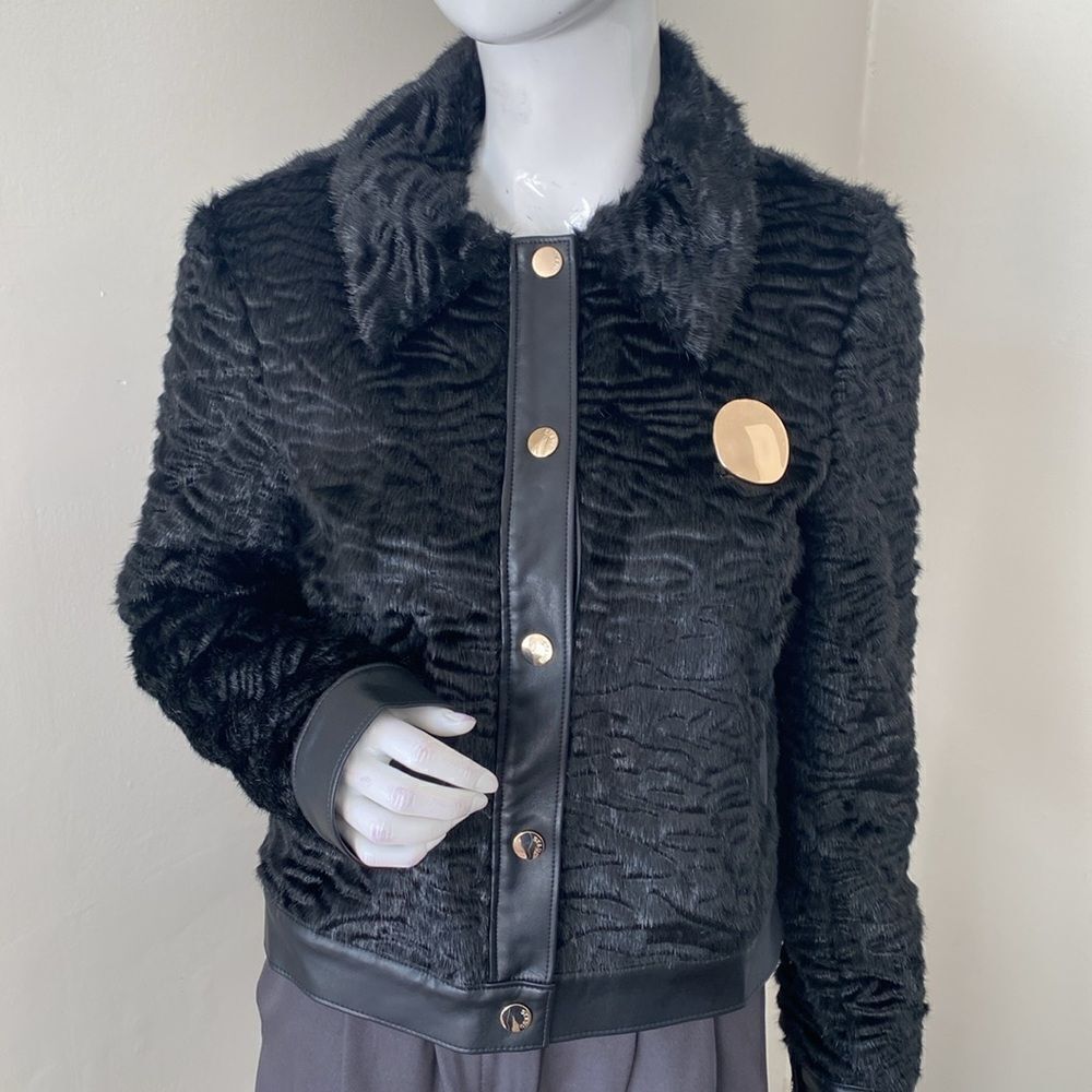 STAUD Buddha Black Faux Fur Jacket Vegan Leather Trim & an Oversized Gold Button